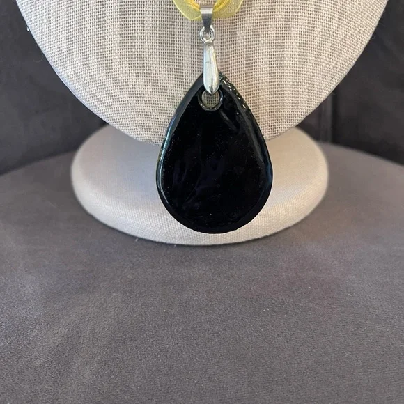 Blown Art Glass Tear Drop Pendant With Yellow Ribbon Necklace